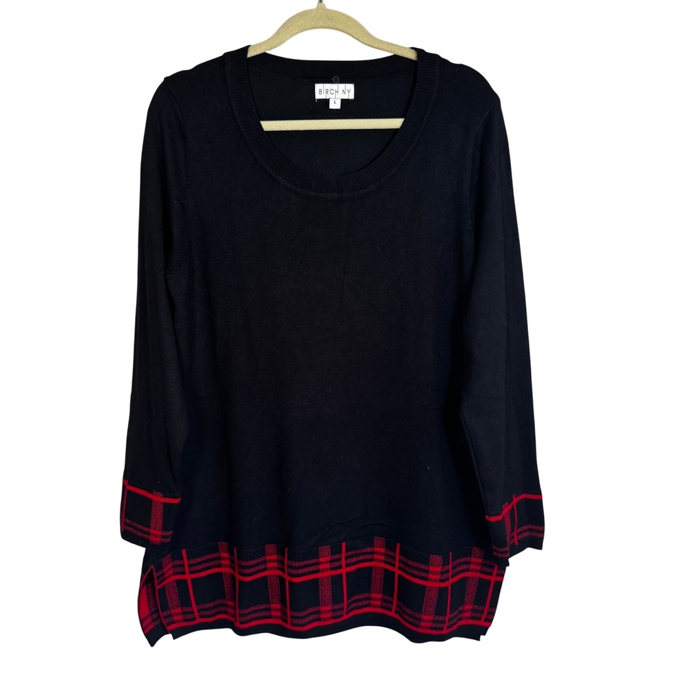 Birch NY Womens Black Red Plaid Border Tunic Sweater Crew Neck Large
